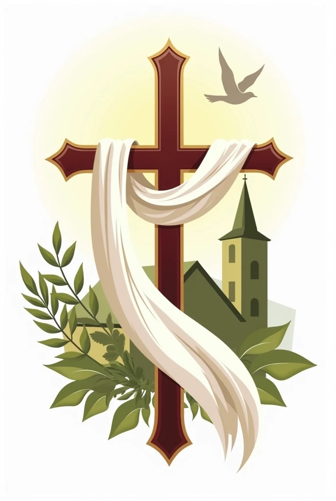 Church logo with cross in the front with a white cloth in it and church in the back and dove with leaves design and maroon and green color
