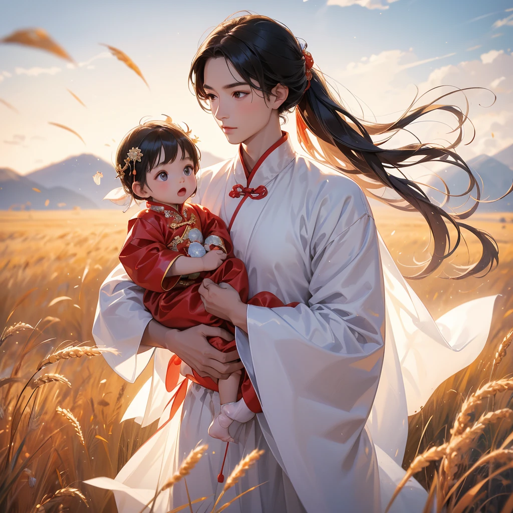 A one-year-old baby boy in an ancient Chinese baby costume with his beautiful mother, dressed in an white ancient Chinese costume, Standing in the middle of a wheat field, There are some floating clouds, playing with each other, with his handsome father standing next to his mother, close up.
