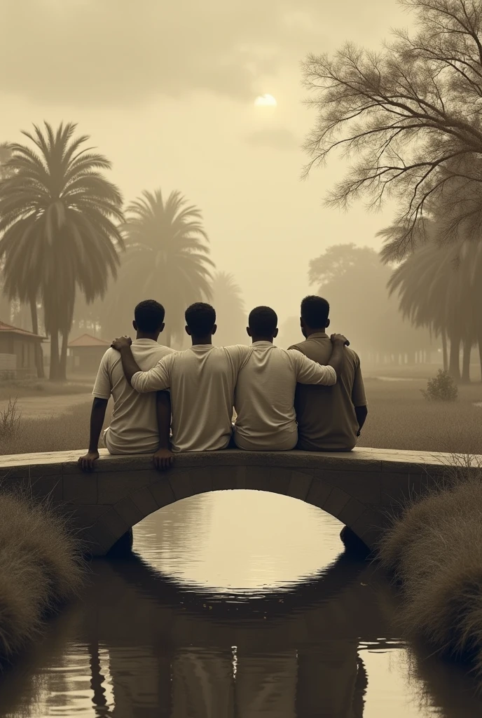 Creat an image of four friends
1st one name is Hamza ,his height is 6.1
Other name is zeshan ,his height is about to 6.4
Thrid one is Ahmad 6.0
Fourth is talha height is 5.11
Standing on the bridge of the canal
Without showing their faces
Make image vintage in brown
Shwoing their back side
The weather was cloudy
and they are sitting on the bridge
The canal was beside the village
Make the bridge staright
And they put their arms to eachother shoulders
Make them sitting and put grass and tress around the canal.not houses
Make the canal passing beside the village
Make them siiting and make them mature mens and make the bridge good and round