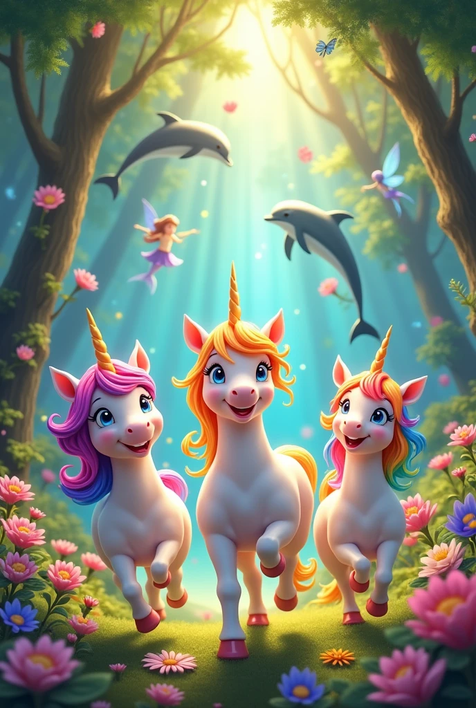 Three happy unicorns with rainbow hair in a brightly lit enchanted forest with flowers and fairies and dolphins and mermaids 