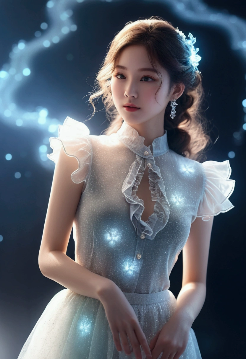 ((gem_Light elements)), (translucent luminous body_Wearing a light colored frilly shirt:1.3), (girl made of light: 1.2, long curly hairstyle，Exquisite facial features，light:1.3), (Minimalism: 0.5), (Upper body close-up angle: 1.3), 4K, high dynamic range, Acid Graphics, Fantasy works, [Detailed and vivid faces: 0.33], (Translucent glowing body and hair made from light particles: 1.3), Silhouette silhouette and glowing beautiful woman, Understated elegance revealed.. Steady、dignified atmosphere，Gives a subtle sense of luxury... Gray smooth texture, fashionable pose, bioluminescence tattoo, glow pattern.
