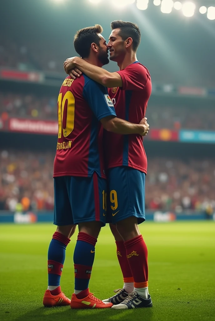 Messi hugging ronaldo.