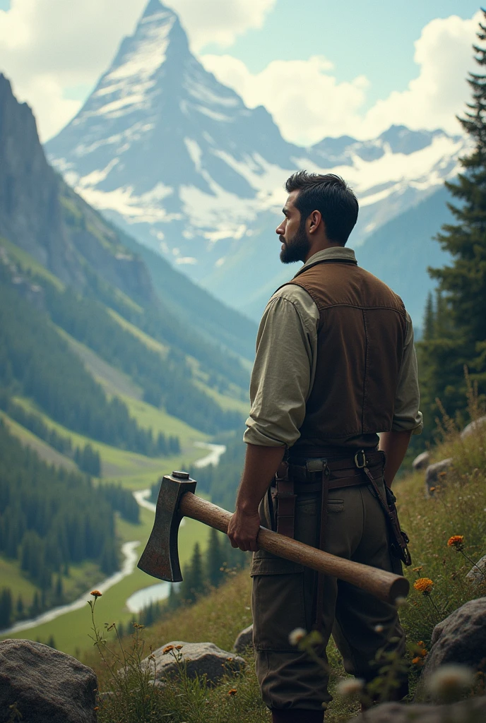 The 33 yrs old president looking toward the beautiful mountain and valley holding up his old axe