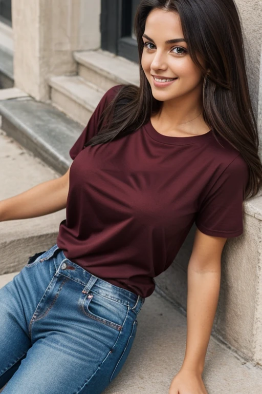 She is a brunette. Her skin is fair with a hint of rosiness, and her expressive dark brown eyes, radiant smile that lights up her face. She prefers wearing a maroon T-shirt and jeans,perfect boobs