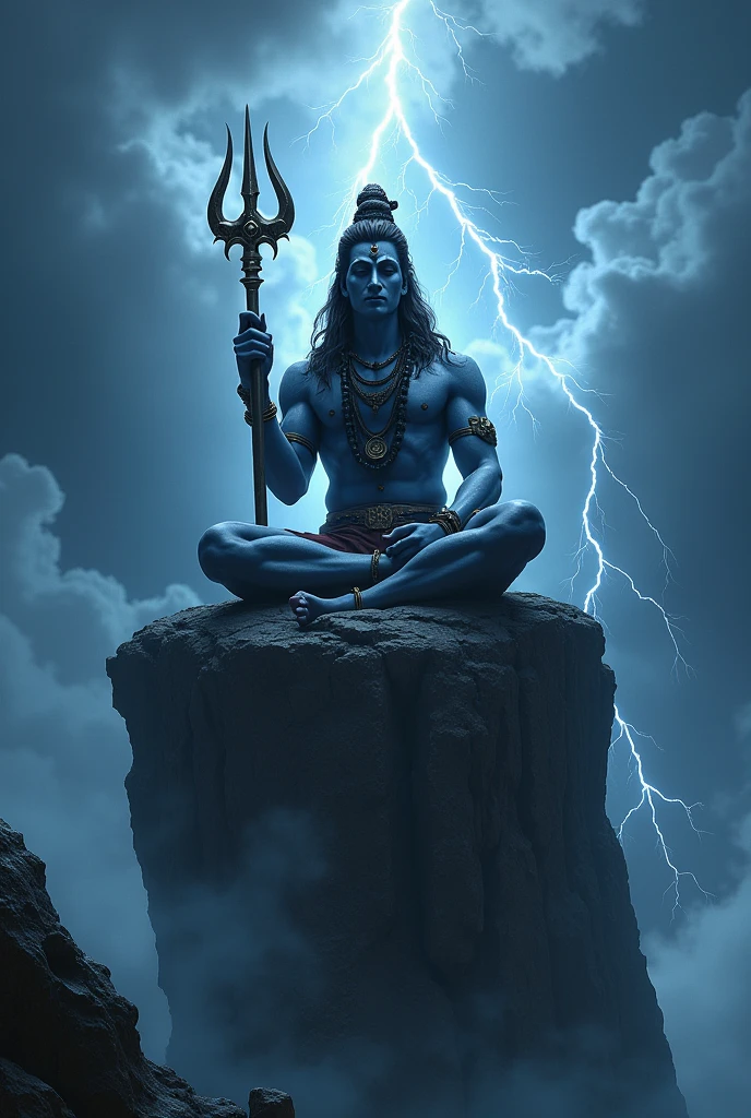 Mahadev on the cloud in lightning around him and he is sitting on a cliff and trishula in his hand