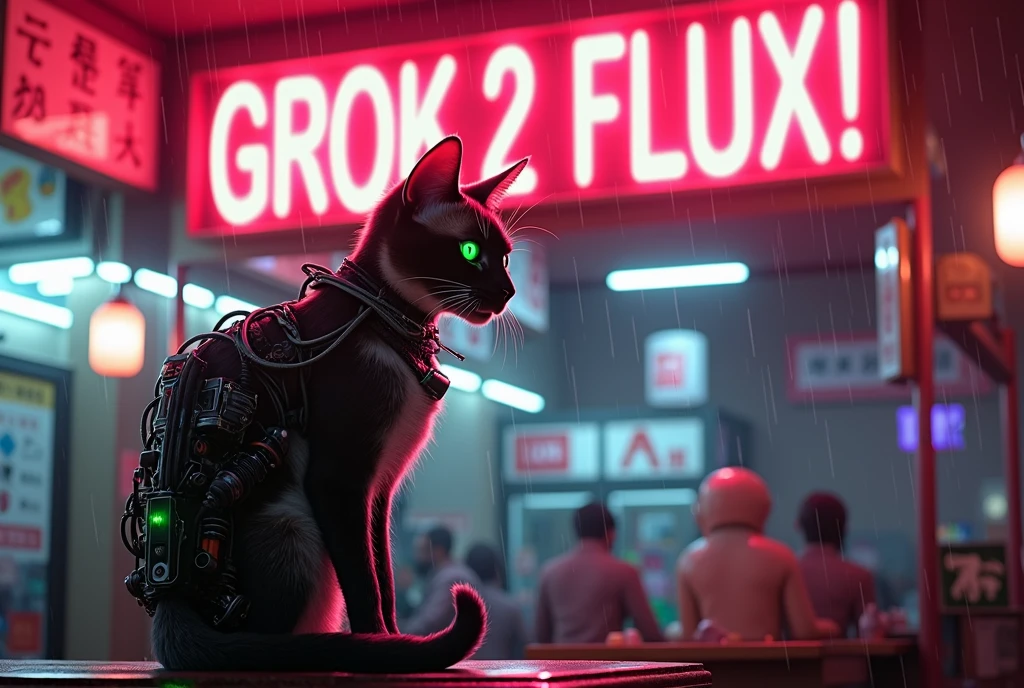 A movie poster, A huge neon sign in the middle reads "GROK 2 FLUX!" ,Masterpiece, 4k, 8k, high quality, highly detailed, concept art, A cyberneticly enhanced cat, glowing neon green eyes, cables on back, robotics, one paw is metalic, looking at viewer, sitting on a bar of a noodle shop, grooming itself, cyberpunk setting, raining, neon lights,