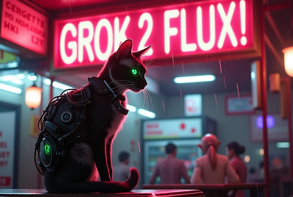 A  movie poster, A huge neon sign in the middle reads "GROK 2 FLUX!" ,Masterpiece, 4k, 8k, high quality, highly detailed, concept art, A cyberneticly enhanced cat, glowing neon green eyes, cables on back, robotics, one paw is metalic, looking at viewer, sitting on a bar of a noodle shop, grooming itself, cyberpunk setting, raining, neon lights,