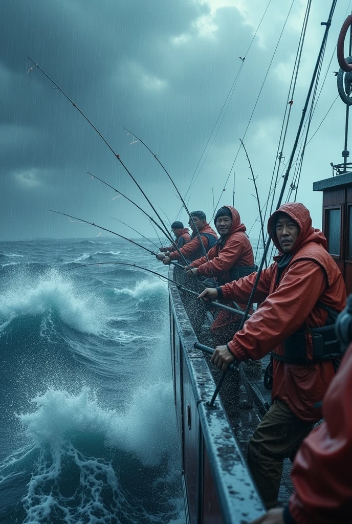 1 screen, ((dynamic angle)), (perfect anatomy), (masterpiece, Highest quality, 4K), (Very delicate and detailed), (Official Art), (Ultra high definition), (A perfect storm of high tides and high waves on the Pacific Ocean)Crew members of a tuna fishing boat line-fishing tuna at, (They are wearing raincoats,Wearing a lifeline)Desperately pointing fishing rods towards the sea in the midst of typhoon-like rain,Super powerful,It&#39;s like a battle scene in a manga,(At last they caught a tuna)