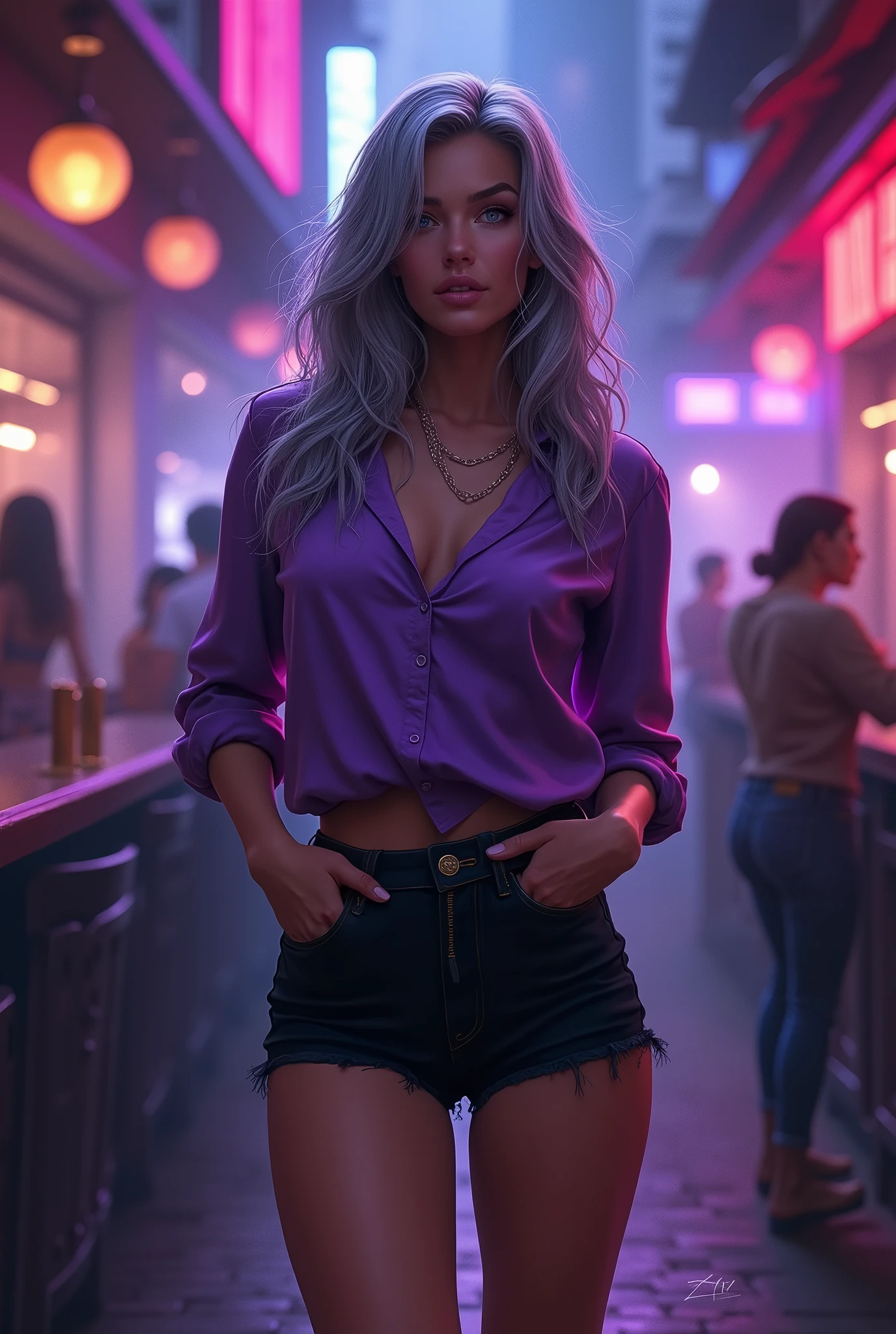 A woman wearing purple shirts and black shorts ,long gray hair,club background