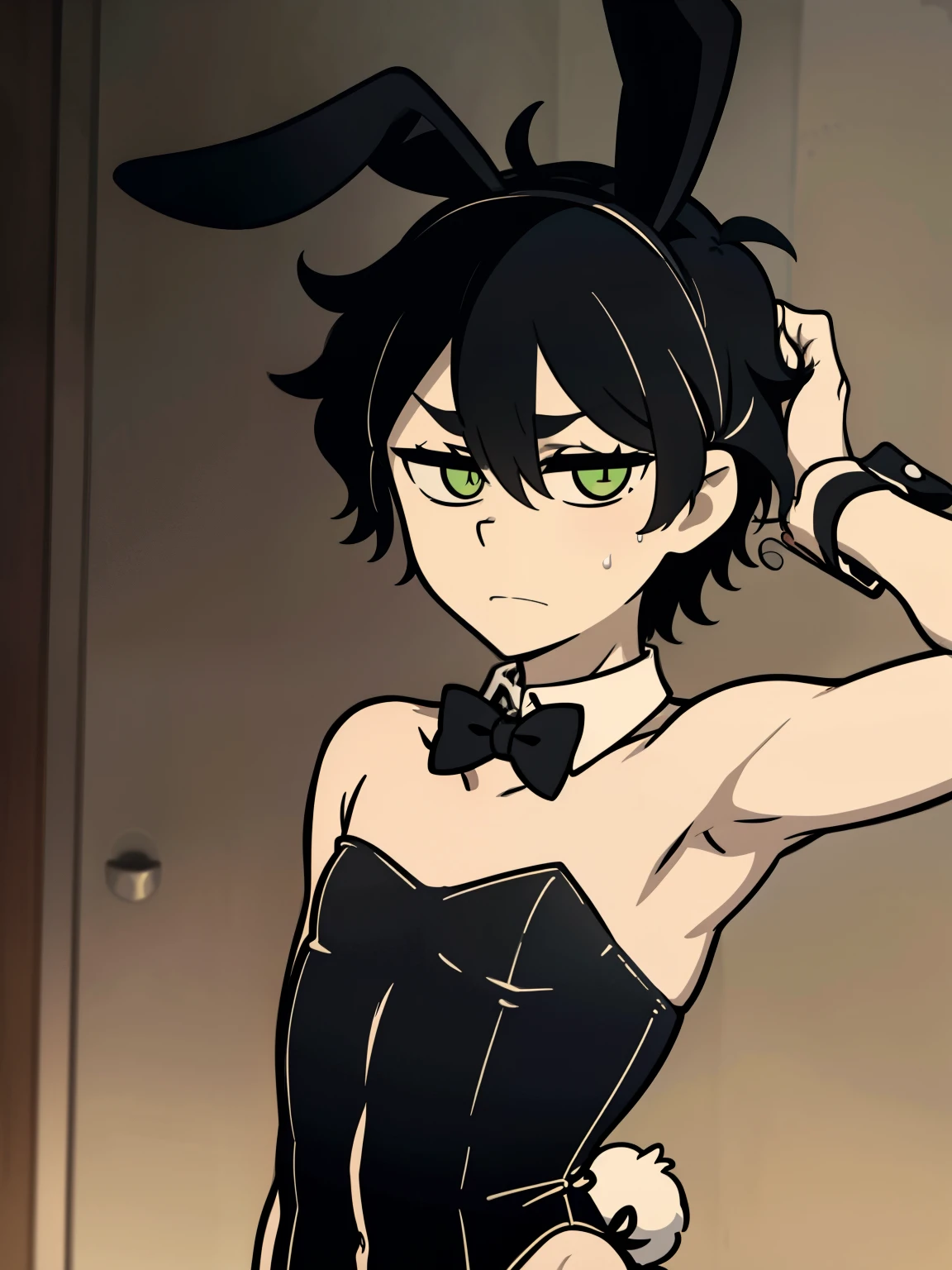 Highres, Masterpiece, Best quality at best,Best Quality,hight quality, hight detailed, Anime style, 1boy, Shota, young boy, Young andy graves, hair between eyes, closed mouth,black hair, green eyes, Slim body, messy hair, bright pupils, look at viewer,animal ears, playboy bunny, rabbit ears, fake rabbit ears, strapless, strapless leotard, detached collar, bare shoulders, bowtie, bow, wrist cuffs, choker, Flat chest, upper body, simple beckground, (Showing armpit:1.3), (very young boy), (very small and short body), simple beckground, hansome boy, Uhd, bokeh, sweat