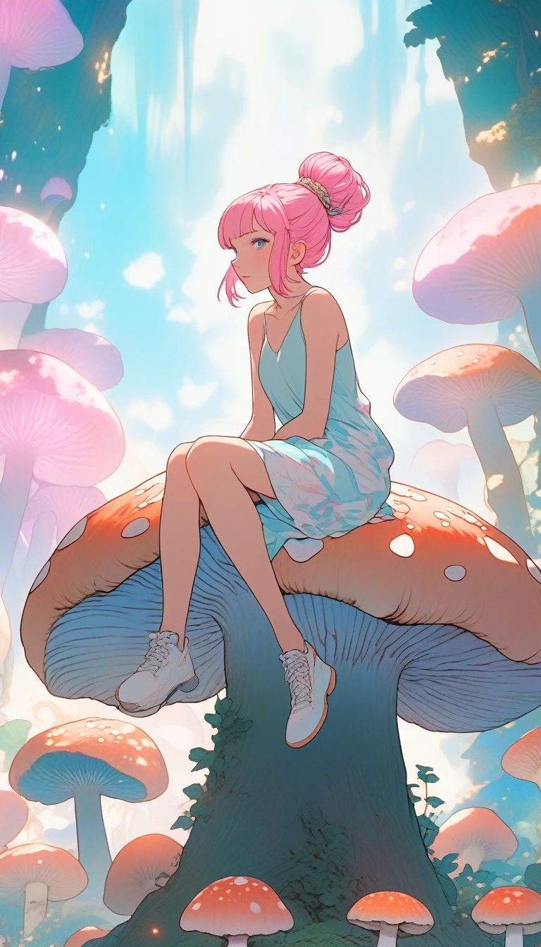 1girl,beautiful 18 year old girl,pink hair in a bun,bare shoulders,sitting on a giant mushroom,elegant,chic,modern,fashionable,muted colors,soft lighting,art nouveau,psychedelic anime style,colorful,trippy,(best quality,4k,8k,highres,masterpiece:1.2),ultra-detailed,(realistic,photorealistic,photo-realistic:1.37),HDR,UHD,studio lighting,ultra-fine painting,sharp focus,physically-based rendering,extreme detail description,professional,vivid colors,bokeh