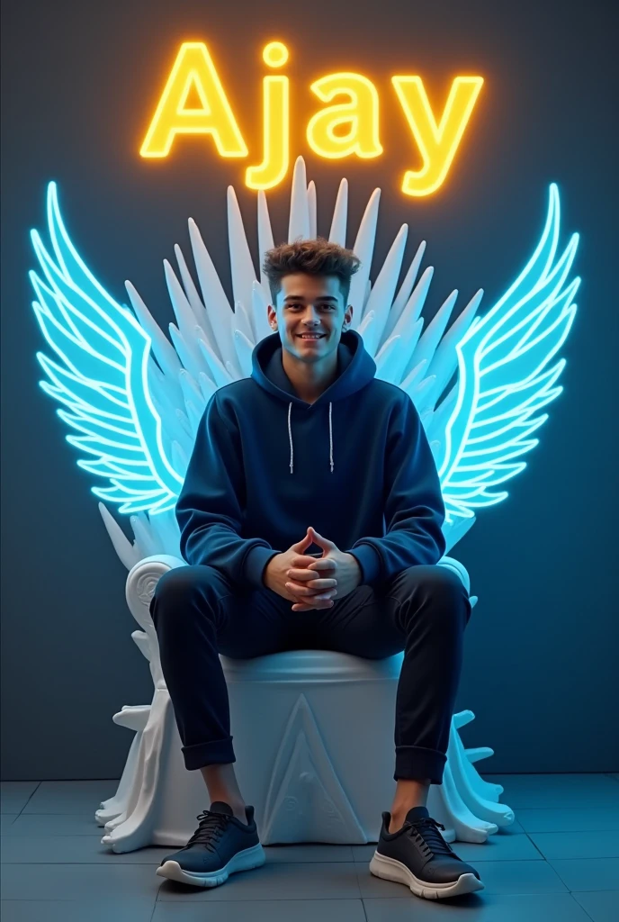 Create a 3D illusion for a profile picture featuring a youthful 20-year-old Caucasian male with a warm and engaging smile. The young man is casually seated on a white conceptualized execution of the medieval iron throne, appearing comfortable in his dark blue hoodie and sneakers. He directs his gaze straight ahead, a sense of serenity and authority in his eyes. The surrounding ambiance is set by a dark grey wall, upon which 'AJAY' is emblazoned in capital block letters, illuminated by yellow neon lighting. Enhancing his angelic persona are blue neon wings glowing softly, framing him like a modern angel, majestically residing on his throne.