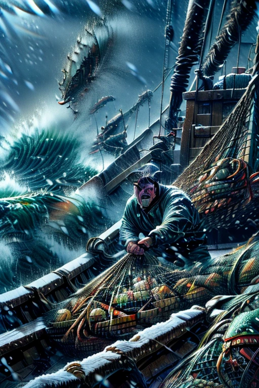 Man fishing for a shark. The scene is depicted in anime realism, showcasing a detailed, perfect illustration of fishing action. The setting features a chaotic, violent landscape with churning waters, Man skillfully handling the crab cages, and a sense of anticipation in the air as he fishes for crabs. The illustration is vibrant and captures the essence of anime realism, with careful attention to detail in the fisherman's attire, expression, and the surrounding environment, photo-realistic:1.37, (best quality,4k,8k,highres,masterpiece:1.2),ultra-detailed,HDR,vivid colors,studio lighting,extreme detail description