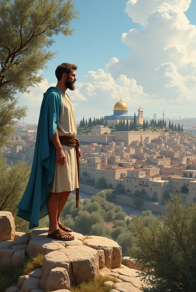 A 50-year-old man with fair skin and blue eyes, beard and brown hair, of 1.80 bone-colored tunic dress, short coffee skirt, sandals and sky blue cloak is on top of a mountain, surrounded by olive trees, a profile view of Jerusalem in the 1st century, whose houses are low, made of stone and a wooden roof and facing the mountain you can see a rectangular and imposing temple