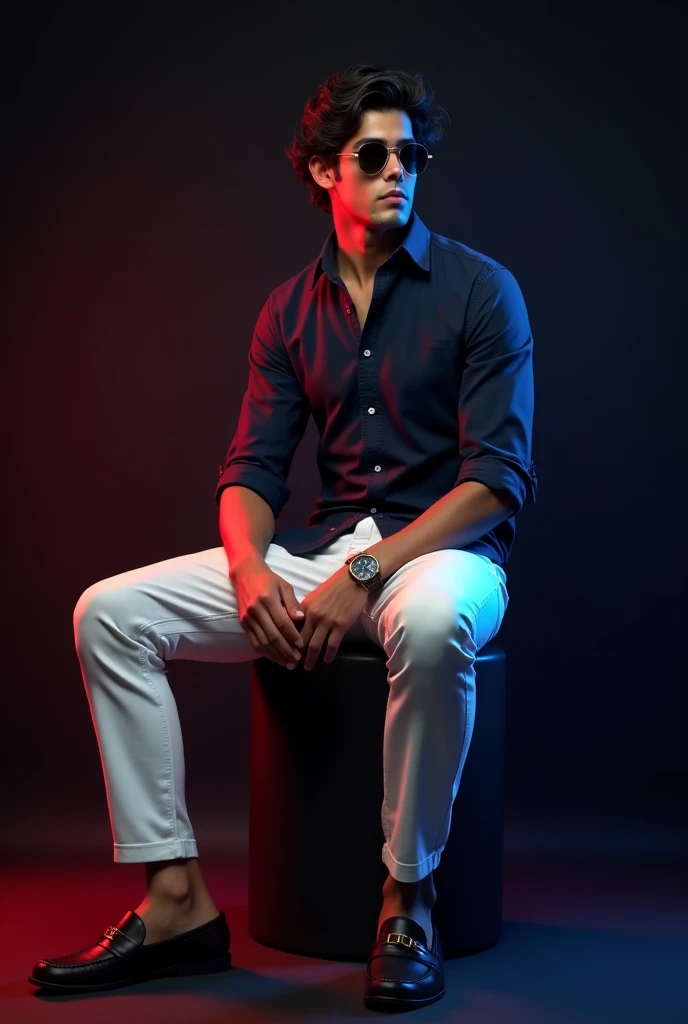 A tan and tall boy with black wave hair and wearing a navy blue shirt , white color trouser long trouser ,old watch ,dark brown loafers ,sunglass and sitting on black stool and black background of around red and blue light