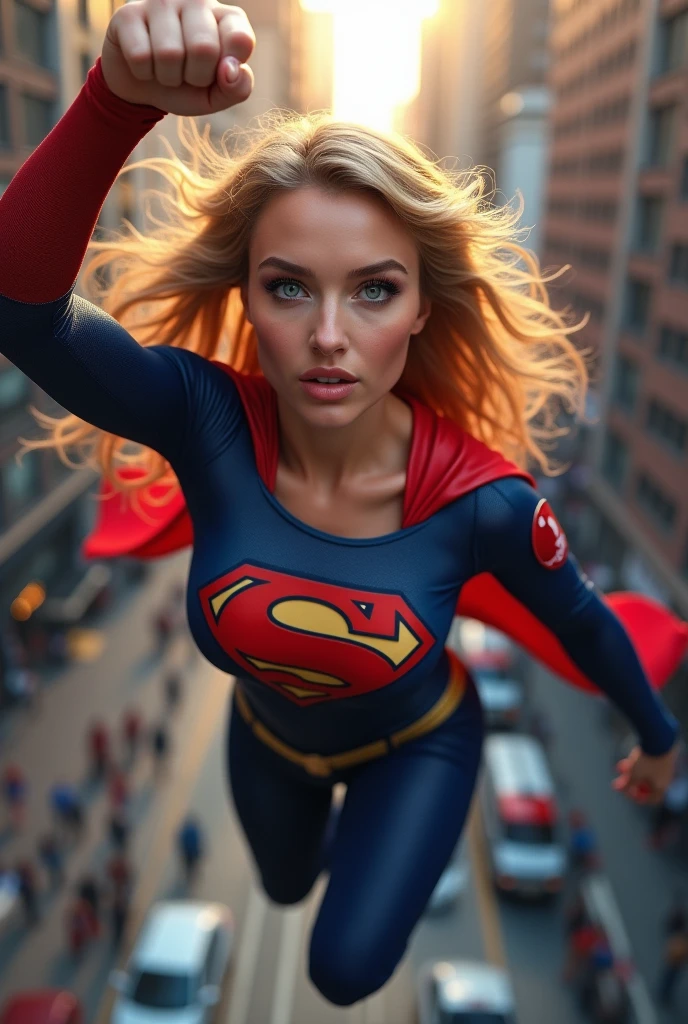 ultra realistic, photography, long straight blonde hair, (wavy elegant hair, blue eyes, perfect round lips, 30 years old, gorgeous face, voluptuous figure, perfect fit body, big enhanced breasts), Long eyelashes, ((best quality, 8 thousand, masterpiece:1.4)), Highly detailed face and skin textures, detailed eyes, she is wearing a tight and sexy Supergirl costume and flying through  the Streets of Manhattan, she is raising one fist high up, full body picture, dynamic shot, action shot,