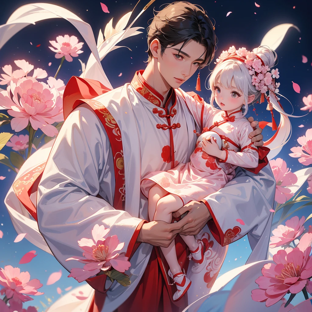 A one-year-old baby boy in an ancient Chinese baby costume with his beautiful mother, dressed in an white ancient Chinese costume, Standing in the middle of pink carnations, There are some floating clouds, playing with each other, with his handsome father standing next to his mother, close up.