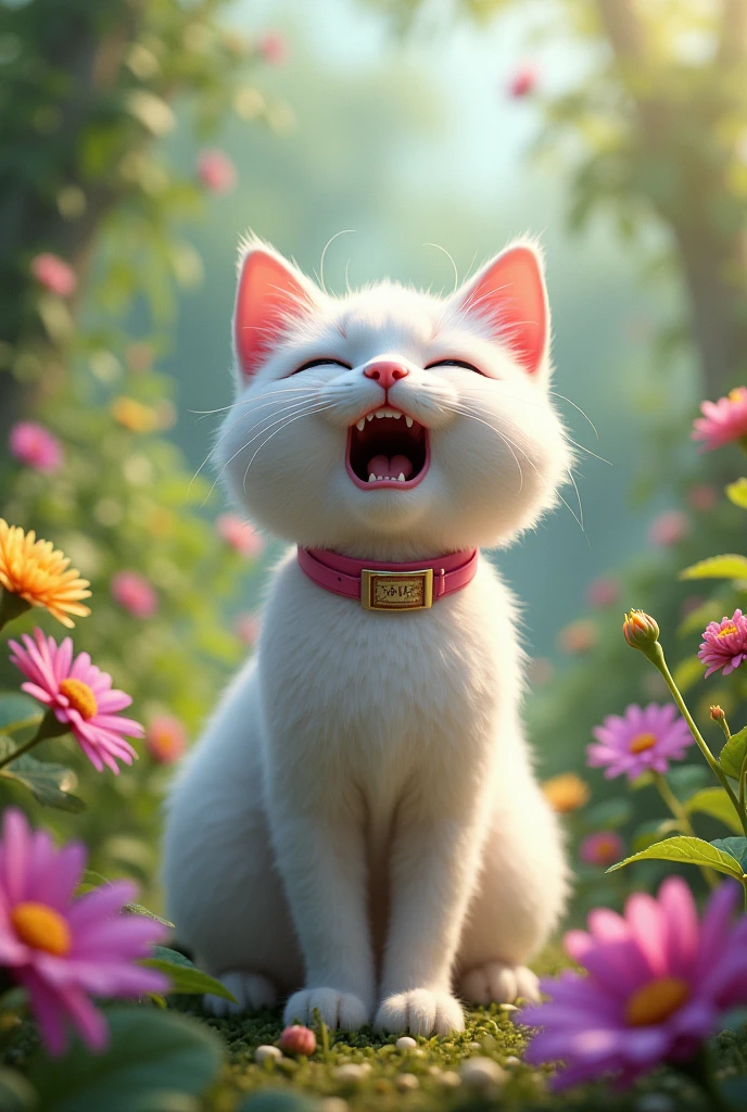 the white beautiful cat in pink in beautiful garden crying for help
