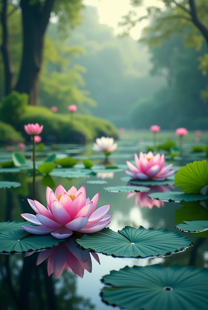 A 500 cm long and 50 cm wide image of a beautiful lotus pond with lots of lotus flowers and lotus leaves