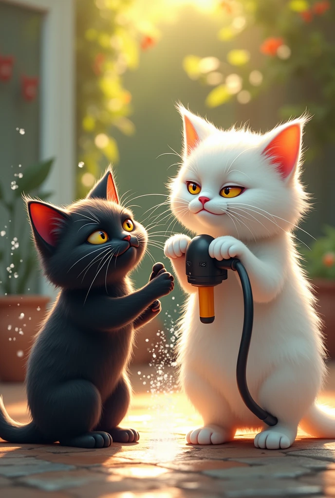 A white cat washing an annoyed black cat with a power washer