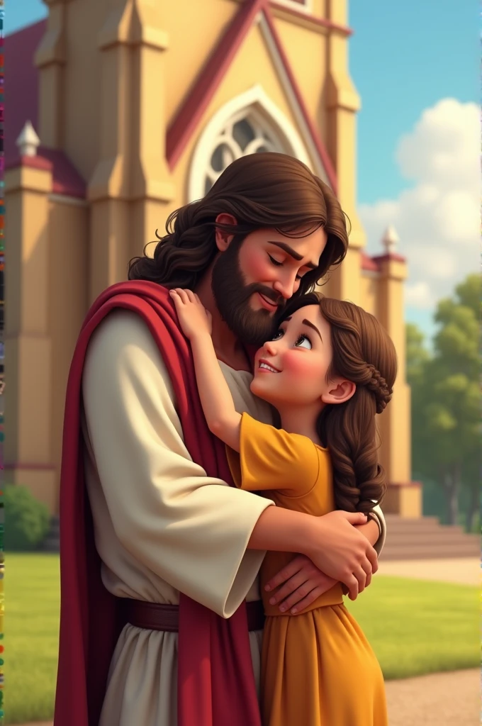 An animated Jesus Christ hugging a girl in front of church