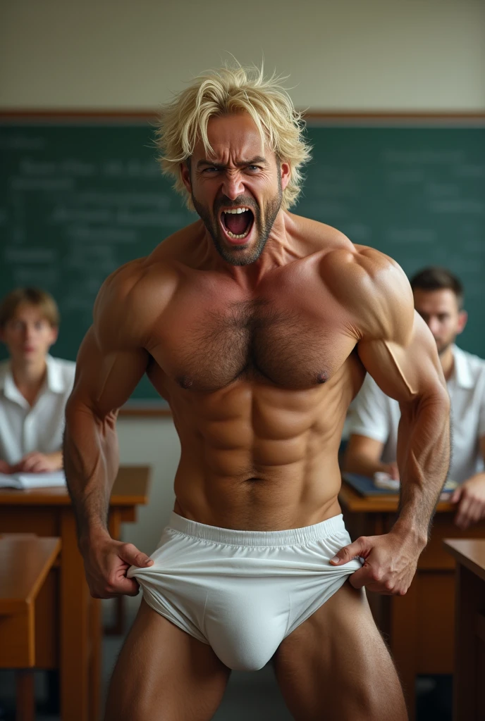 Angry strong hairy blond man ripping off his white underwear in the classroom.