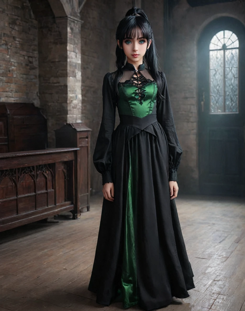 The girl stands and looks at the camera, The daughter of Severus Snape,witch, green eyes, black hair , (((11years old))), Girl in a gothic dress, long dress, floor-length dress, ponytail, High-quality beautiful eyes, Beautiful face, high quality face, dark sky, Thin, Wet waist, a slim body, model appearance, confusion, sexuality, Cute beautiful anime woman, detailed digital anime art, beautiful anime girl, beautiful anime girl, Anime with small details, Best quality, masterpiece, ultra detailed, Beautiful, a high resolution, original,CG 8K ультраrealistic, perfect work of art, Beautiful face, Facial cleanliness, skin, гиперrealistic, ultra detailed, Detailed eye, Dramatic lighting, (realistic) realistic, Full HD, Best quality, Best quality, Beautiful lighting, (8k wallpaper with extremely detailed computer graphics), High detail, sharp focus, The art of dramatic and photorealistic painting., beautiful smile,
