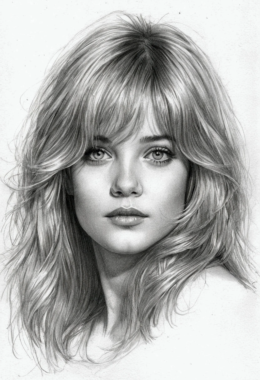 A delicate, graphite sketch portrays, a beautiful young Goldie Hawn,  without background, her features rendered in subtle shading and precise lines. The framing is tight, focusing attention on the subject's serene face. Soft, feathery strokes convey the gentle texture of her hair, 