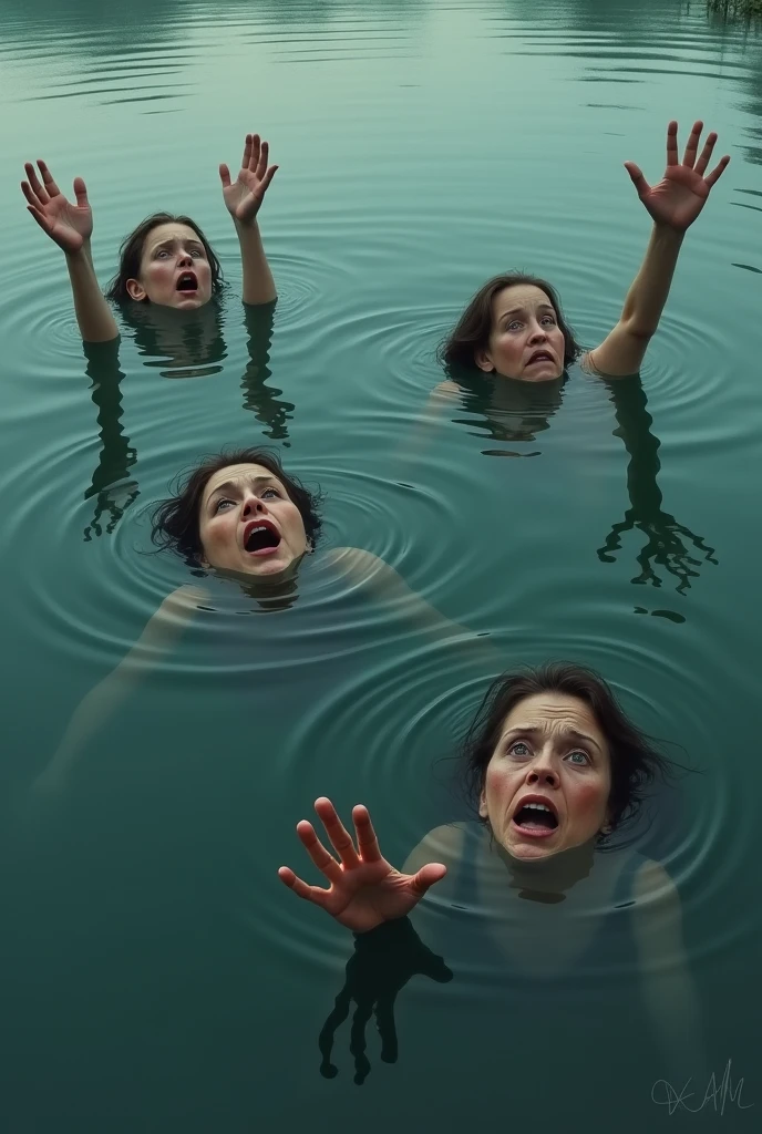 lake, 3 people drown at the same time,at a distance from each other, only heads are visible calling for help, everyone raise your hands, Cry, elderly mother wife and little daughter,