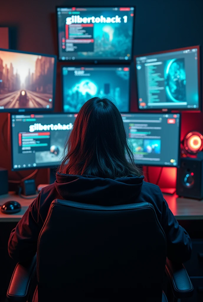 Epic realistic photography, of a 19-year-old boy with long hair sitting with his back turned, in a gaming chair in a gaming room with a computer and big screens, On the screen you see images of hackers. The name GilbertoHack1 appears on one of the screens in large letters., 