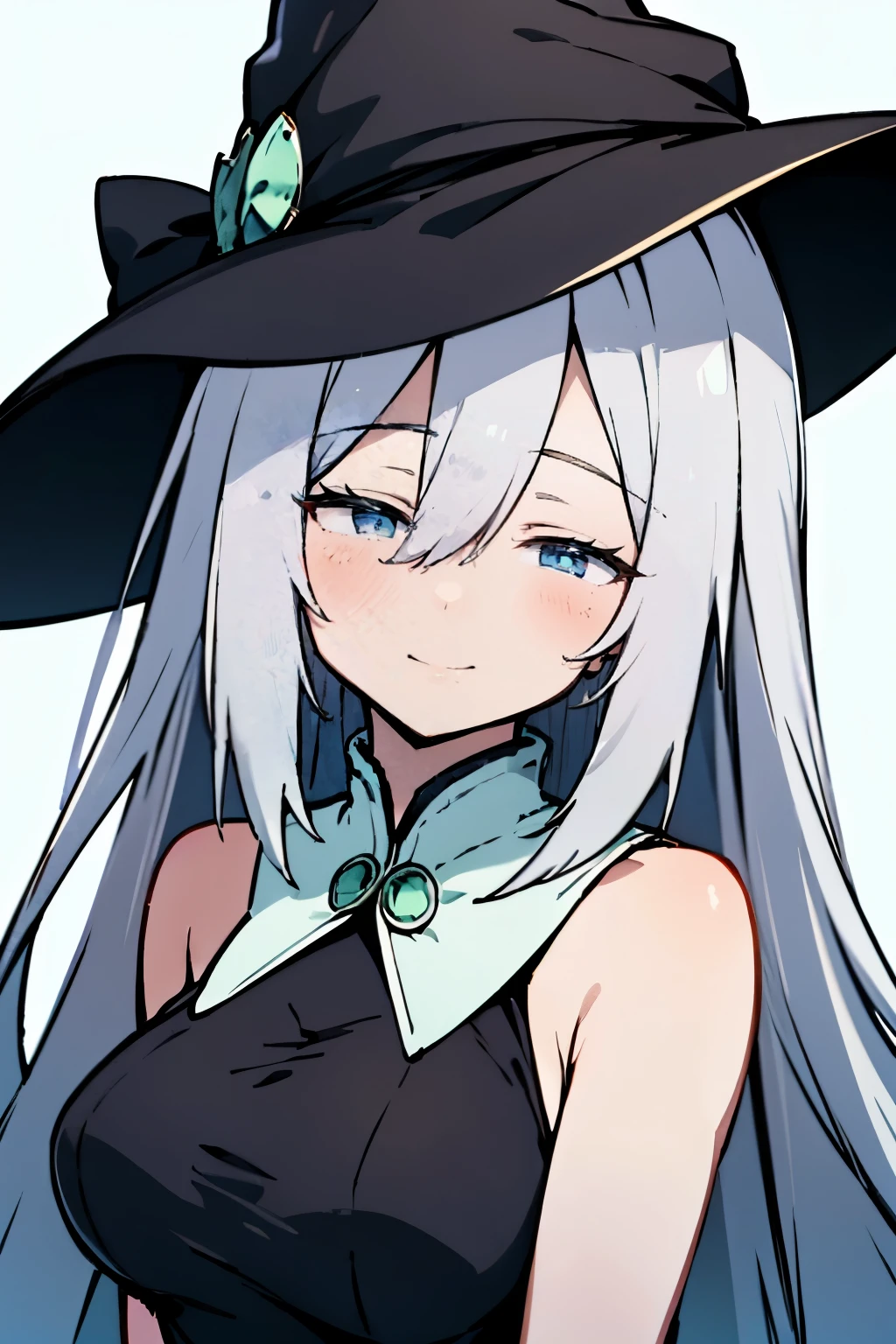 masterpiece, best quality, ultra-detailed, extremely detailed, 4K, 8K, best quality, beautiful, solo, White color ethnic costume,light silver hair, beautiful Blue eyes, beautiful eyes, white-skinned,green background,upper body,((White color witch hat)),smile,high fade, mint,smile with closed eyes, closed eyes