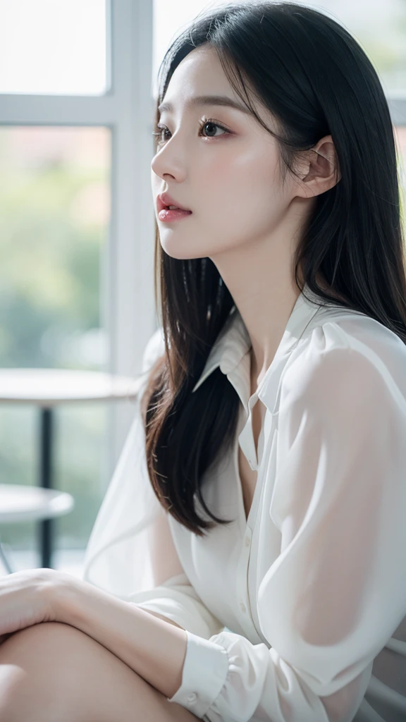 best quality, very detailed 티커 통합 8k 벽지, face light, movie lights, 1 girl, korean girl, very beautiful face, (photo realistic:1.4),(masterpiece, 4K, best quality, very detailed), pictorial, photography, photo현실적인 eyes, very detailed 얼굴, detailed lips, Ordinary Hand, shiny lips, glossy face, pale milky white porcelain skin, smooth translucent white skin, Skin care brand photo shoot, Woman with porcelain skin, diffused natural skin glow, soft porcelain skin, translucent white skin, Just yoon, clear face and body skin, Skin care, white porcelain skin, ((profile)), ((Comfortable Blouse:1.2)), ((black hair:1.3)), ((Wide cafe background:1.3)), Thinking