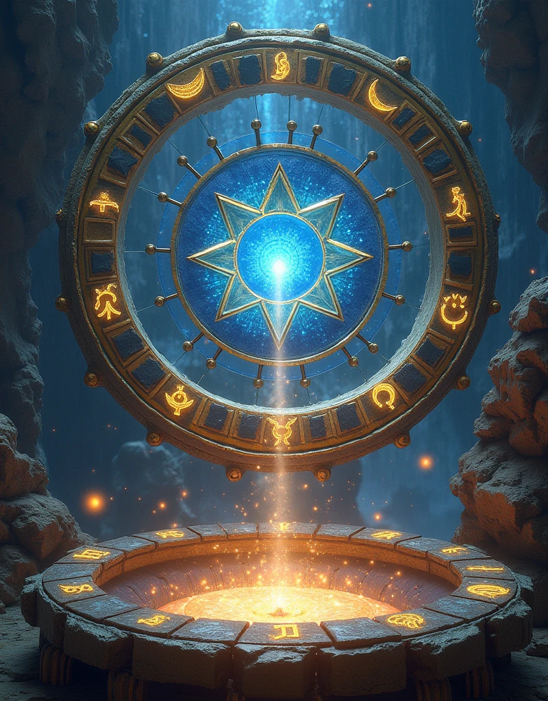 masterpiece, Highest quality, Very detailed, (No people):1.2、Fantasy、figure, Beautiful details、(A magic circle using the symbols of the 12 zodiac signs)、glowing ore、Rotating Gears、Time gimmick、Particles converging in space、(No people)、