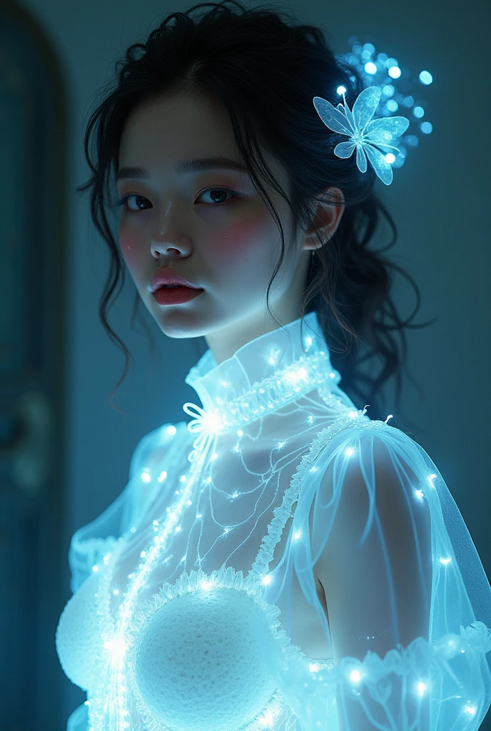 ((gem_Light elements)), (translucent luminous body_Wearing a light colored frilly shirt:1.3), (girl made of light: 1.2, long curly hairstyle，Exquisite facial features，light:1.3), (Minimalism: 0.5), (Upper body close-up angle: 1.3), 4K, high dynamic range, Acid Graphics, Fantasy works, [Detailed and vivid faces: 0.33], (Translucent glowing body and hair made from light particles: 1.3), Silhouette silhouette and glowing beautiful woman, Understated elegance revealed.. Steady、dignified atmosphere，Gives a subtle sense of luxury... Gray smooth texture, fashionable pose, bioluminescence tattoo, glow pattern.
