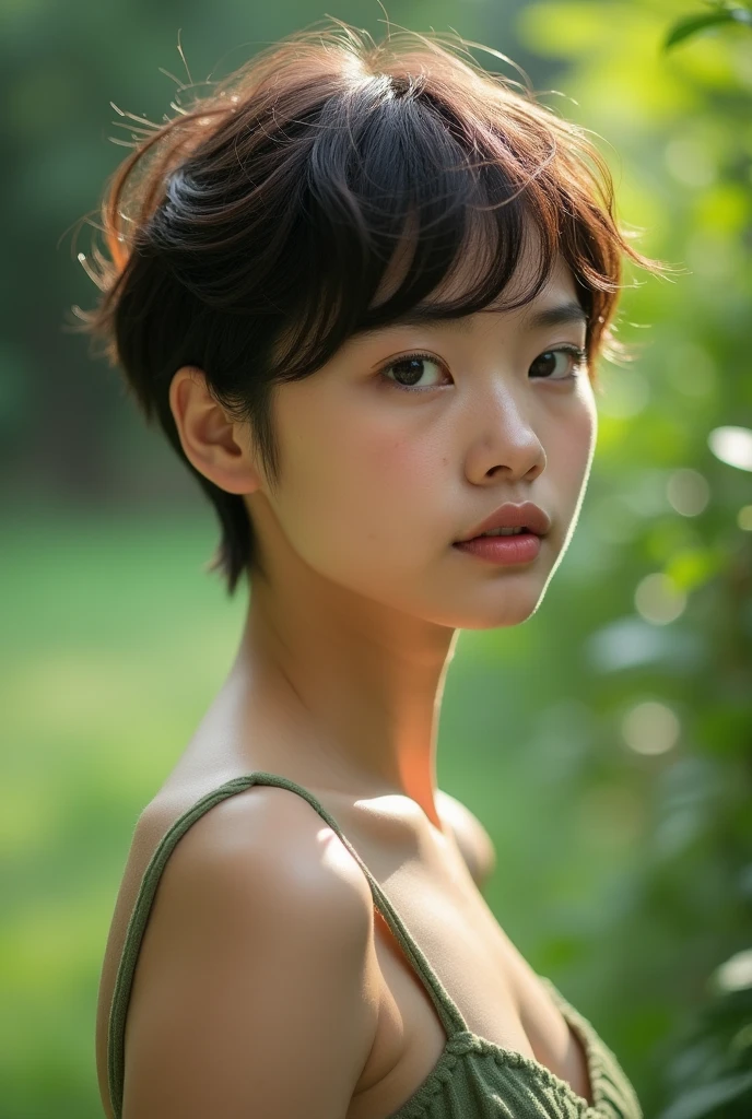8k uhd, dslr, high quality , RAW photo, Photography ,Fujifilm XT3, Canon R5, Beautiful Female Short hair , park ,Amateur naked
