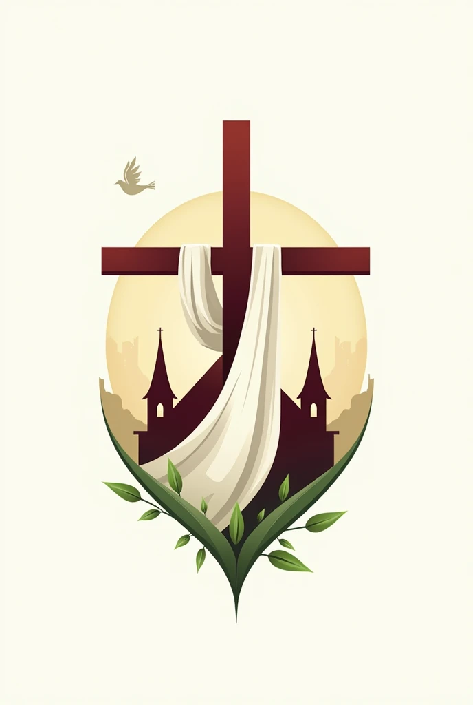 Church logo with cross in the front with a white cloth in it and church in the back and dove with leaves design and maroon and green color 