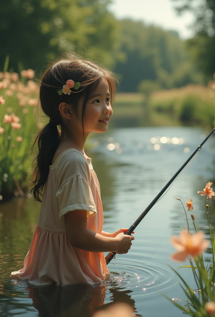 A cute little girl was especially happy to catch a fish