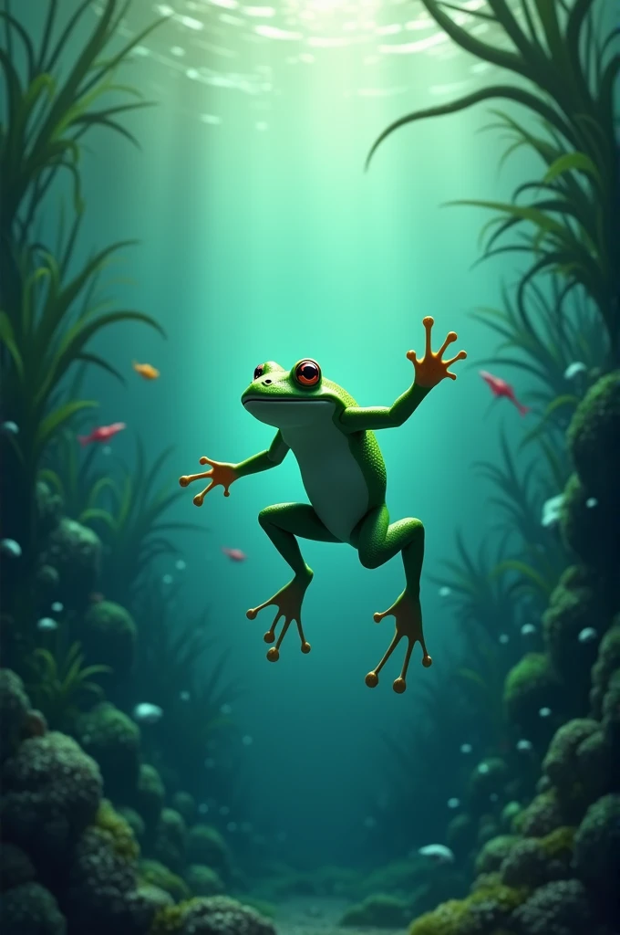 "A frog diving deep into the water, staying submerged comfortably, surrounded by aquatic plants, and small fish."