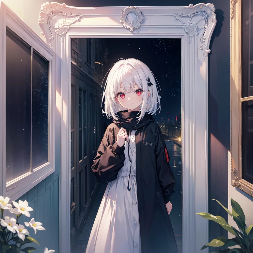 A road in space、A white-haired girl with red eyes is standing at the end of the road, beckoning、smile、A picture frame floating in space、There is no picture in the frame、Picture frame、At the end of the road is a large picture frame、dark、