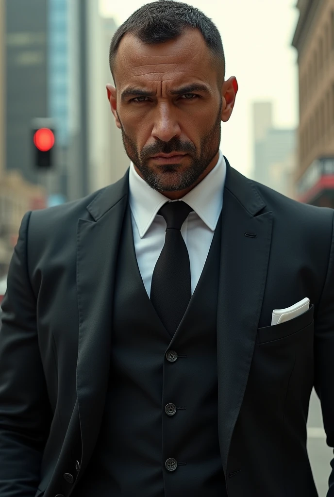 1 man, solo, tall, James bond, yamani, hunk, muscular, bulk, wide shoulder, photorealism, best quality, masterpiece, high resolution:1.2, high detailed suit, high detailed face, award winning, detailed facial lines, tensed face, close look, city background 