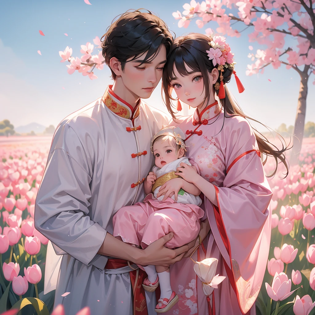 A one-year-old baby boy in an ancient Chinese baby costume with his beautiful mother, dressed in an white ancient Chinese costume, Standing in the middle of pink tulip field, There are some floating clouds, playing with each other, with his handsome father standing next to his mother, close up.