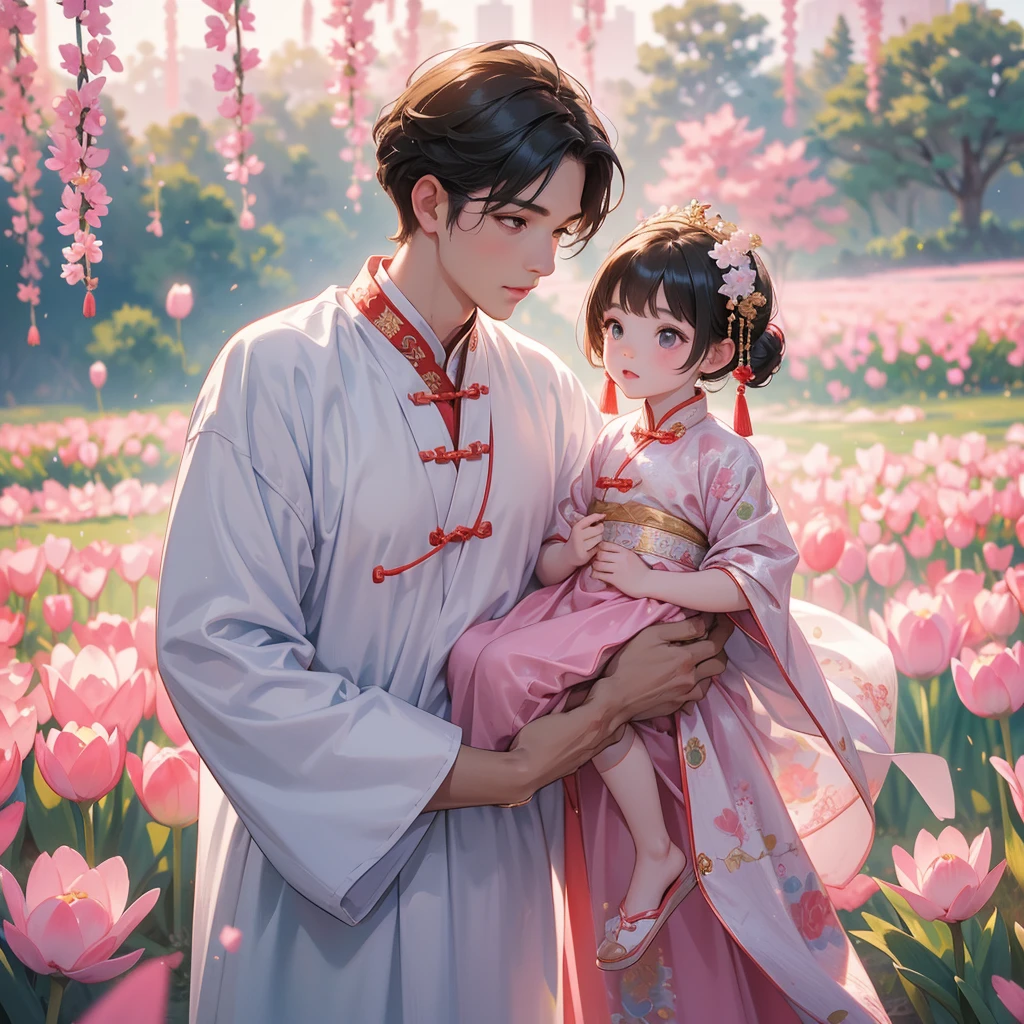 A one-year-old baby boy in an ancient Chinese baby costume with his beautiful mother, dressed in an white ancient Chinese costume, Standing in the middle of pink tulip field, There are some floating clouds, playing with each other, with his handsome father standing next to his mother, close up.
