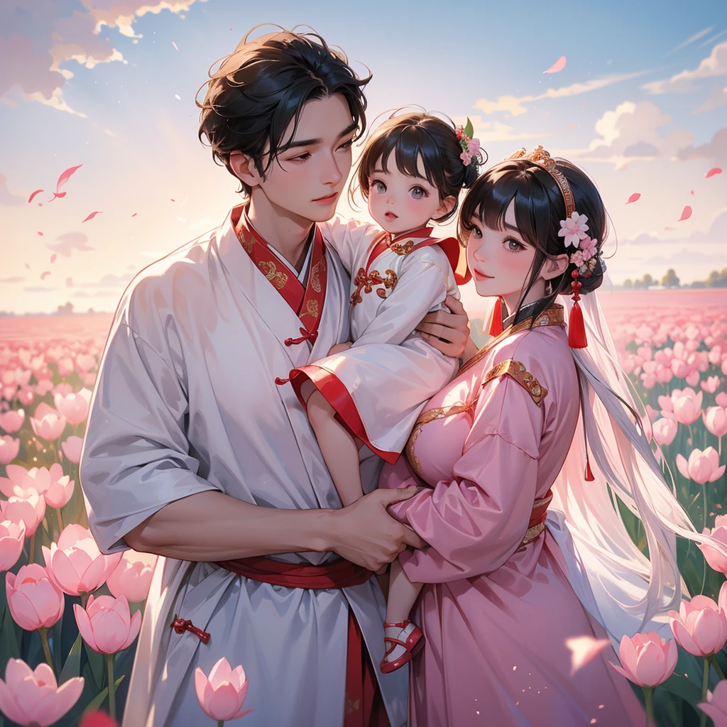 A one-year-old baby boy in an ancient Chinese baby costume with his beautiful mother, dressed in an white ancient Chinese costume, Standing in the middle of pink tulip field, There are some floating clouds, playing with each other, with his handsome father standing next to his mother, close up.
