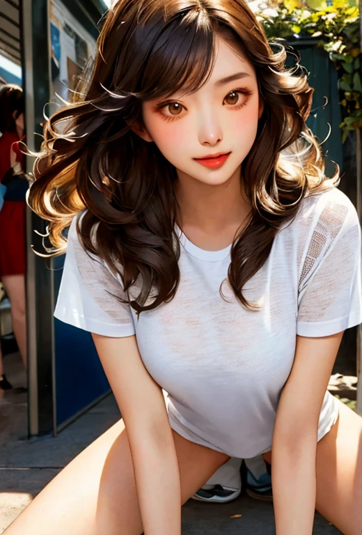 (((Sexy bust enhancement:1.75)))、(((Sexy Knee High:1.35)))、((((Sexy crotch accent:1.35)))、((((Spread your legs wide、Touching the thigh、Show your crotch、thin pubic hair sticks out、large pointy breasts))))、((Boyfriend and girlfriend having sex in cowgirl position:1.5))、((Sexual pose:1.5))、((Spread legs POV:1.5))、、Browsing Caution、(Humans are biologically correct、reference) 、 余分な手足を失うslimな手足余分な数字変異した手と指の融合指slimな悪い手長いい体の解剖学的構造悪い変形悪い変形余分な胸はありません、Not Futanari、Asian, beautiful, slim, cute, 30th Generation, beautiful Face, beautiful Skin, , mature, Upper Body, Light brown hair, good hair, live-action, masterpiece, Highest quality, Highly detailed CG Unity 8K wallpapers, Ultra-high resolution, Casual Fashion, Light, Summer Fashion, (Natural Brunette: 0.8), (Puffy eyes), Looking at the audience, turn around, Bleached Hair, Model pose, Sensitive skin type, Light curly hair, White T-shirt, Hair model photo