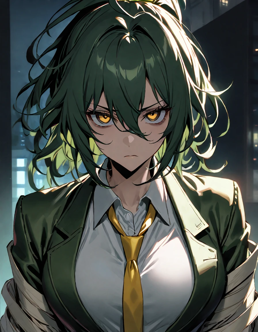 mature, Golden eyes, looking at viewer, female, office background, messy hair, dark black shoulder-length hair, ponytail, parted lips, hair between eyes, ahoge, tired eyes, bags under eyes, dark, bandages around hands, night, emotionless, frown, dark green jacket with golden accents, Underneath the jacket a white shirt with a yellow tie and black slacks, monocle, puripurijet