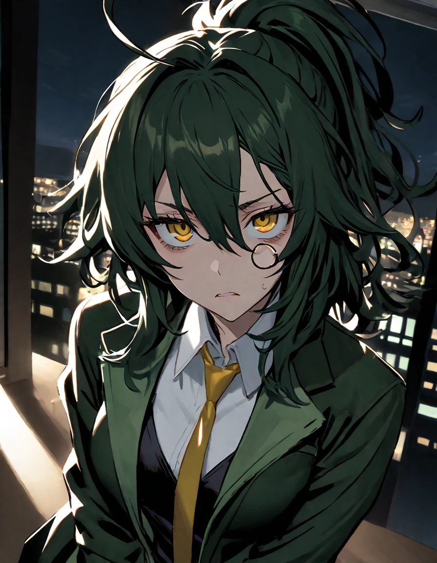 mature, Golden eyes, looking at viewer, female, office background, messy hair, dark black shoulder-length hair, ponytail, parted lips, hair between eyes, ahoge, tired eyes, bags under eyes, dark, bandages around hands, night, emotionless, frown, dark green jacket with golden accents, Underneath the jacket a white shirt with a yellow tie and black slacks, monocle, puripurijet