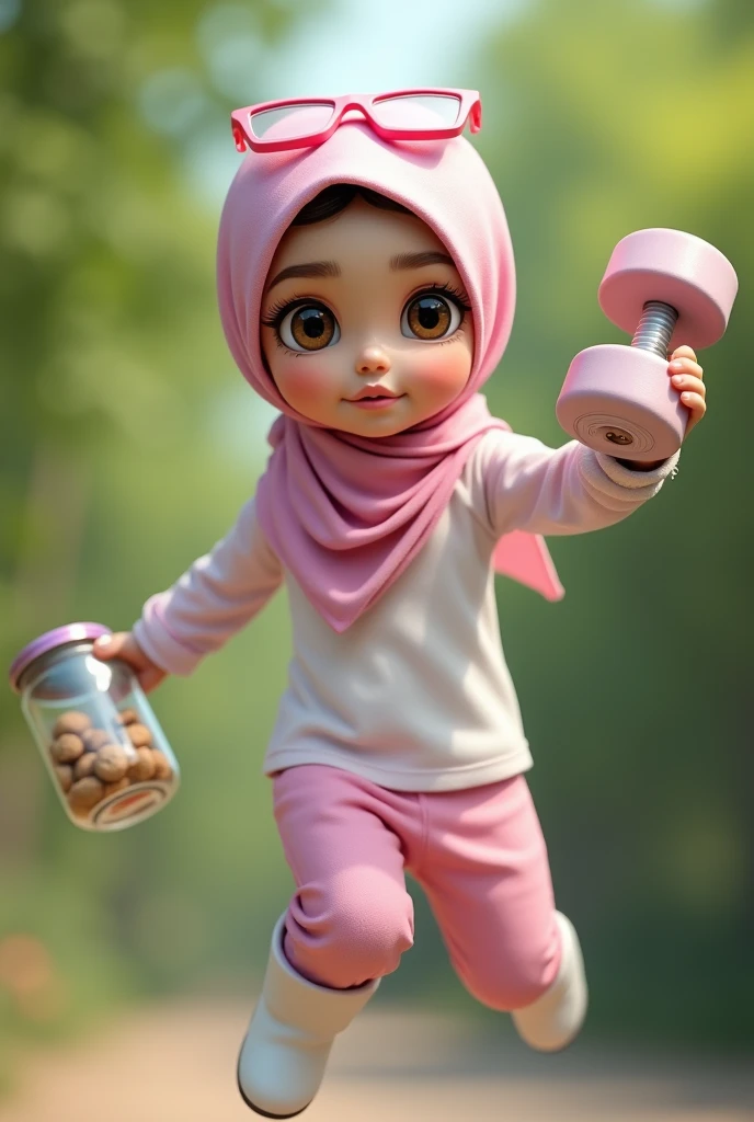 a realistic 1girl wearing a hijab, detailed beautiful face, Hijab Muslim. Wear pink white.small Safety Pink google spectacle top of the head rubber band. Age 15 year old. Jump on and have a super strong power. One hand lifting the 50kg dumbbell. Bokeh background. At the garden. Wear sneakers white boots, detailed lips, long eyelashes. Hero, modest expression, delicate facial features, natural skin tones, hijab covering head and neck, detailed folds and textures of hijab, natural lighting, high quality, photorealistic, 8k, best quality. One hand holding coockie jar