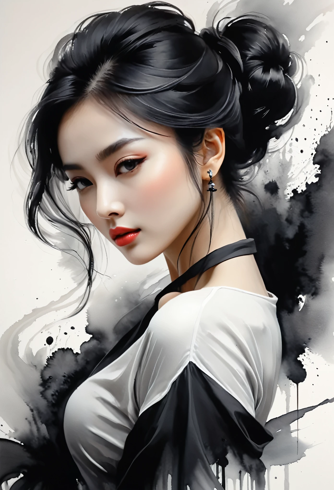 Kizi,ink painting,soft brushstrokes,Draw delicate lines with a pen,Fluid action,Subtle ink tones,elegant posture,calm look,delicate features,black andwhite,to clean