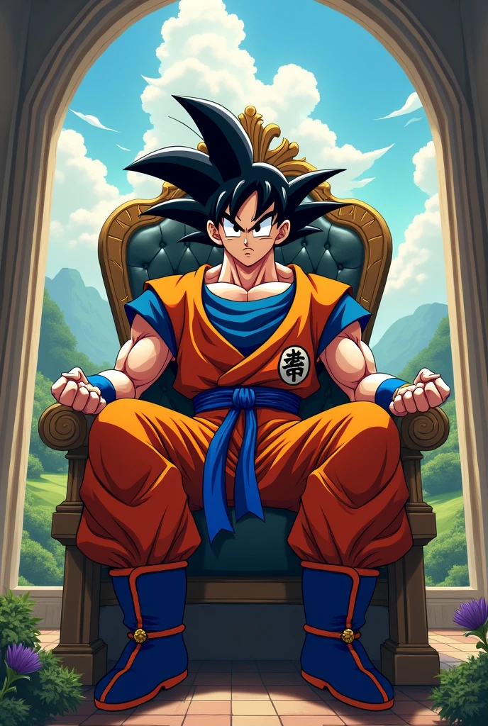 Make a logo of Goku anime character sitted on chair named Goku Empire with aesthetic background in 4k resulation