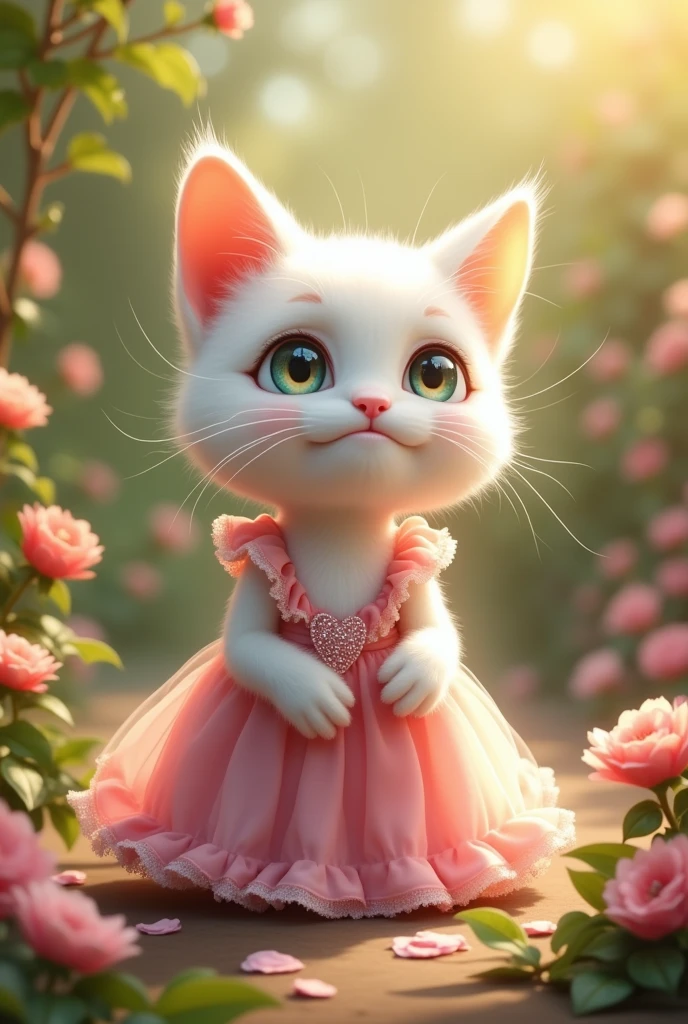 the white beautiful cat in pink  dress in beautiful garden crying for help